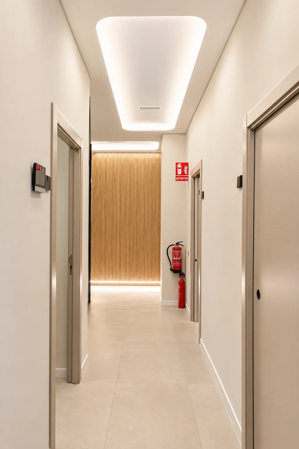 Pasillo luminoso de la clínica con paneles de madera